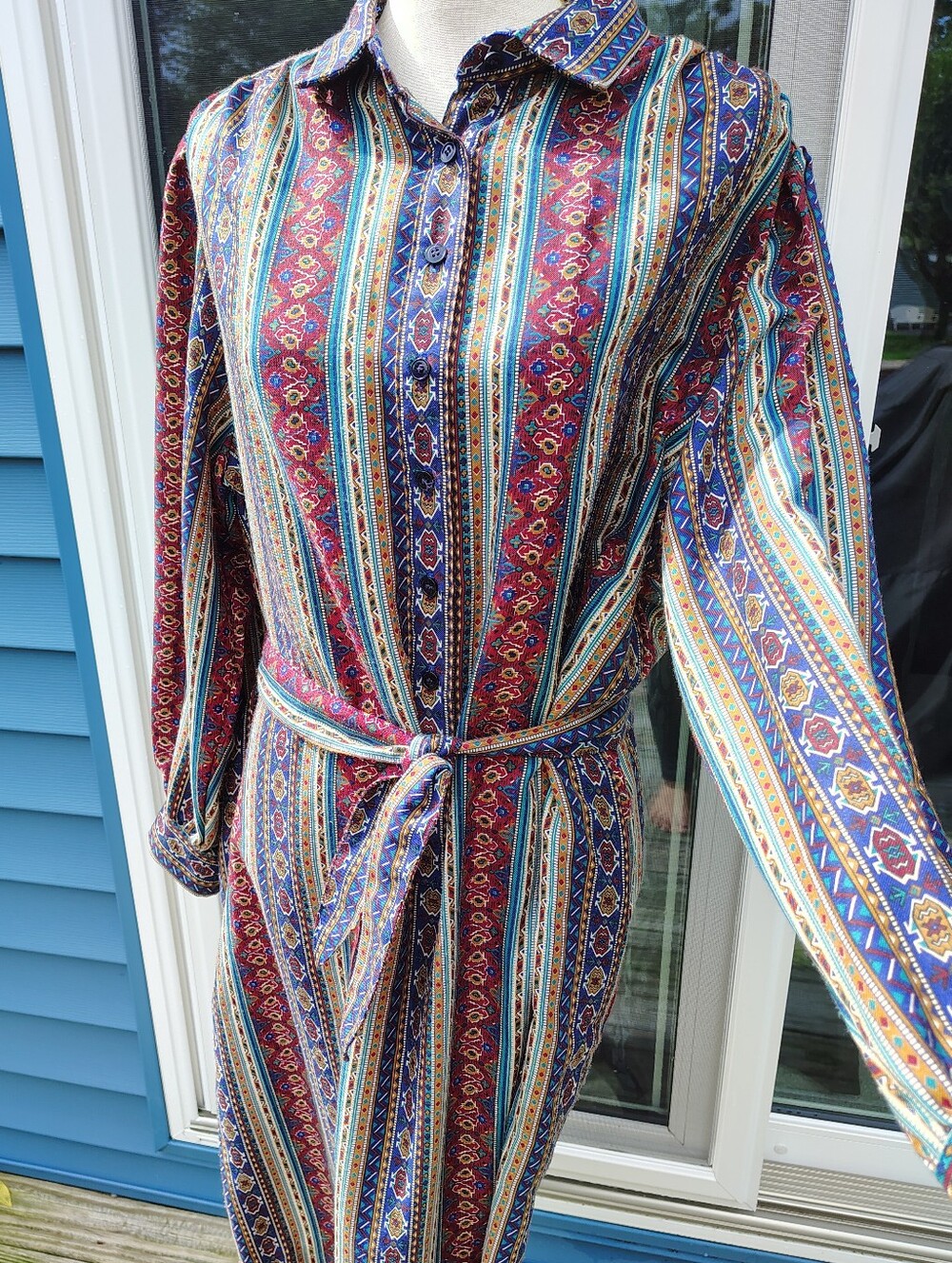 Vintage Schrader Sport Geometric Aztec Stripe Midi Shirt Dress ILGWU